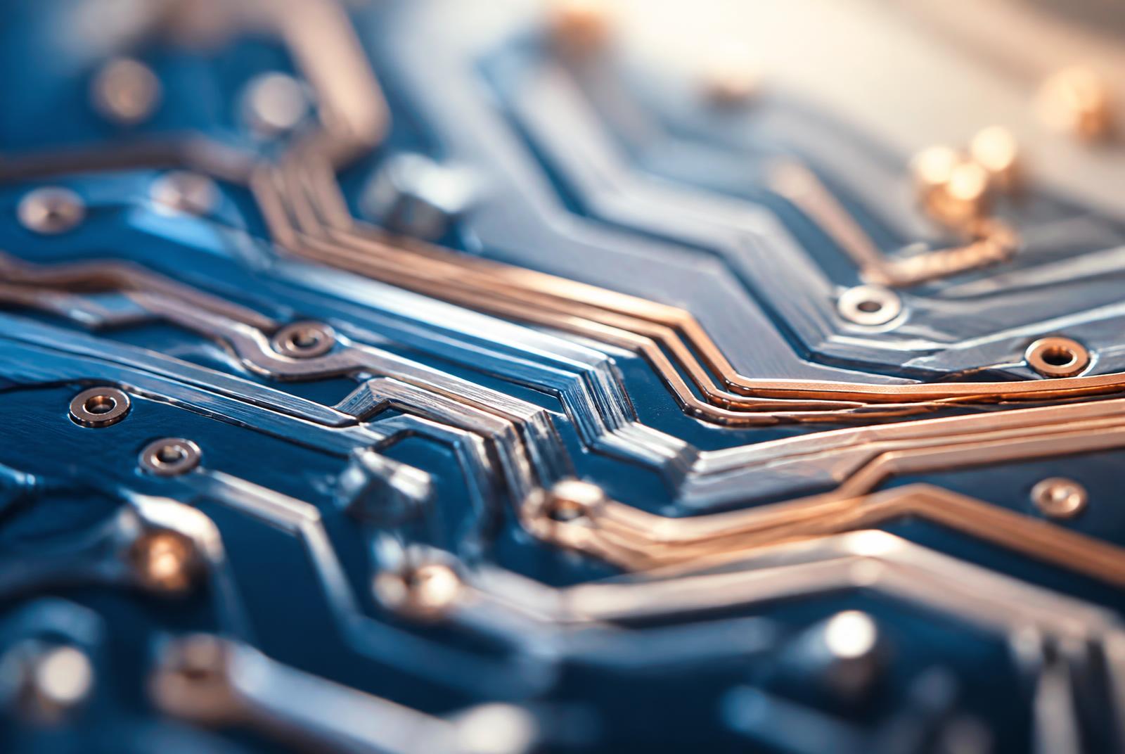 Macro photograph of a circuit board with copper and silver traces on a blue substrate