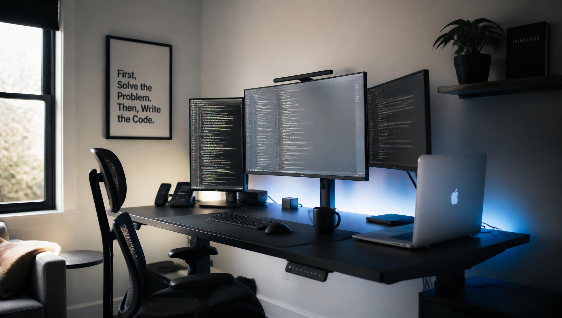 A minimal technology workspace with three monitors displaying code, lit by daylight and a cobalt blue accent glow