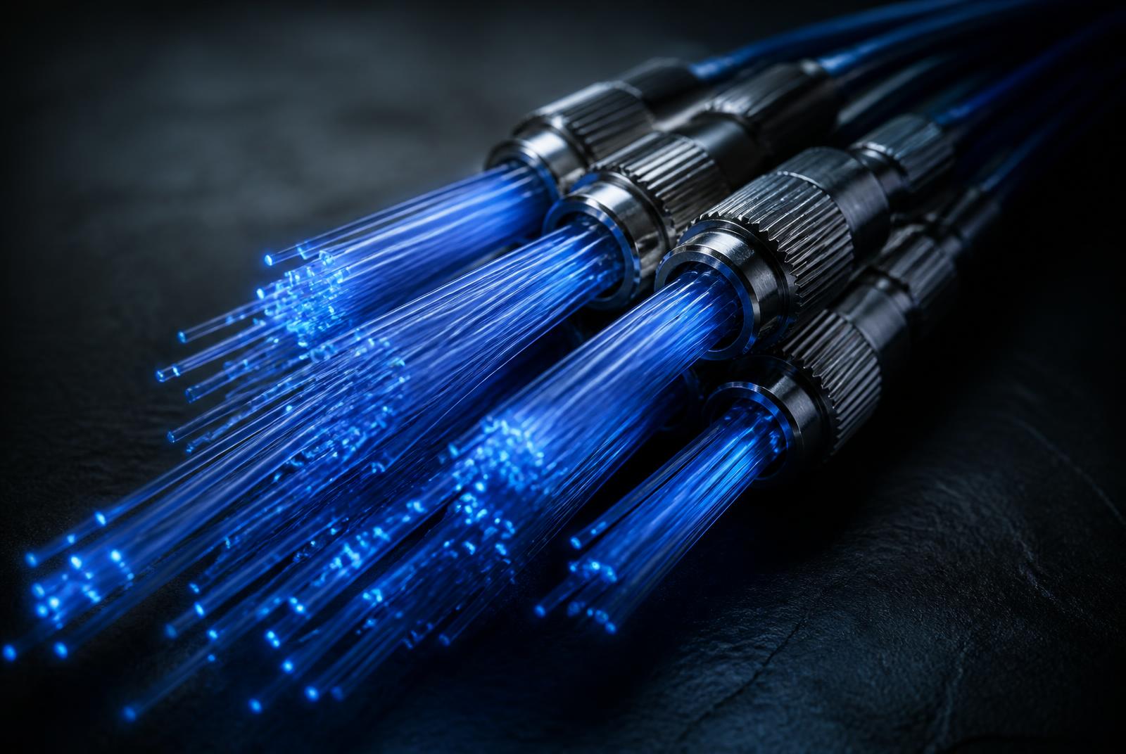 Bundled fibre optic cables glowing blue inside brushed metal connectors
