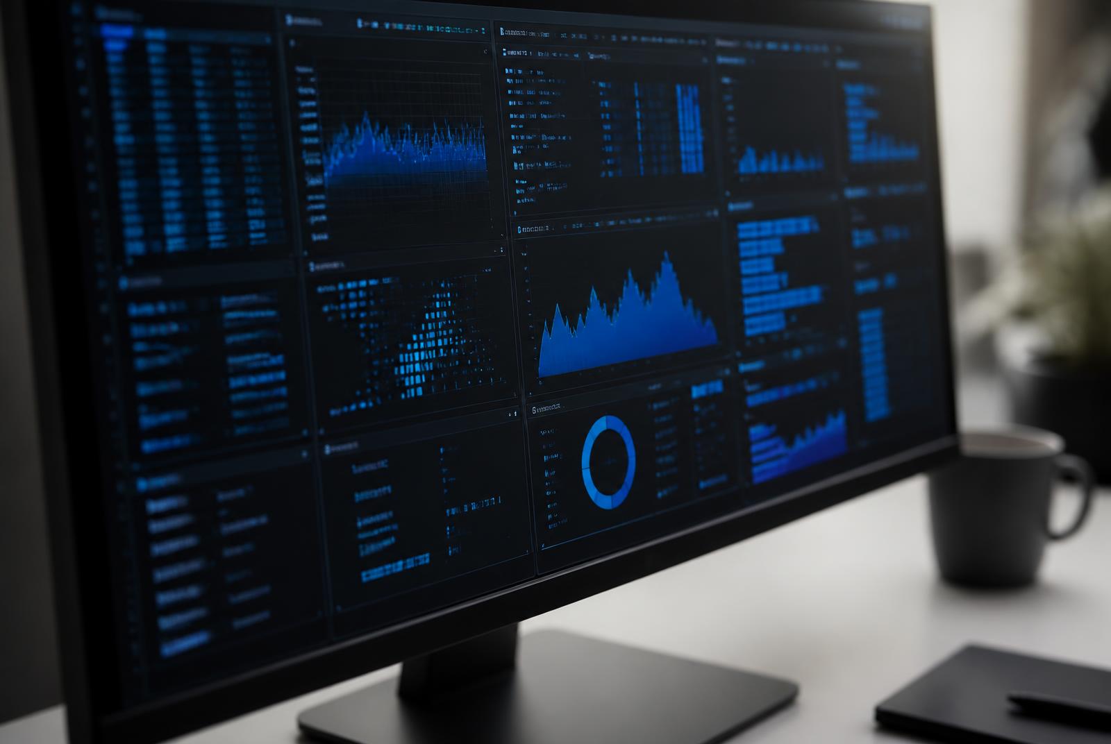 A wide monitor showing a data dashboard with cobalt blue charts and tabular panels