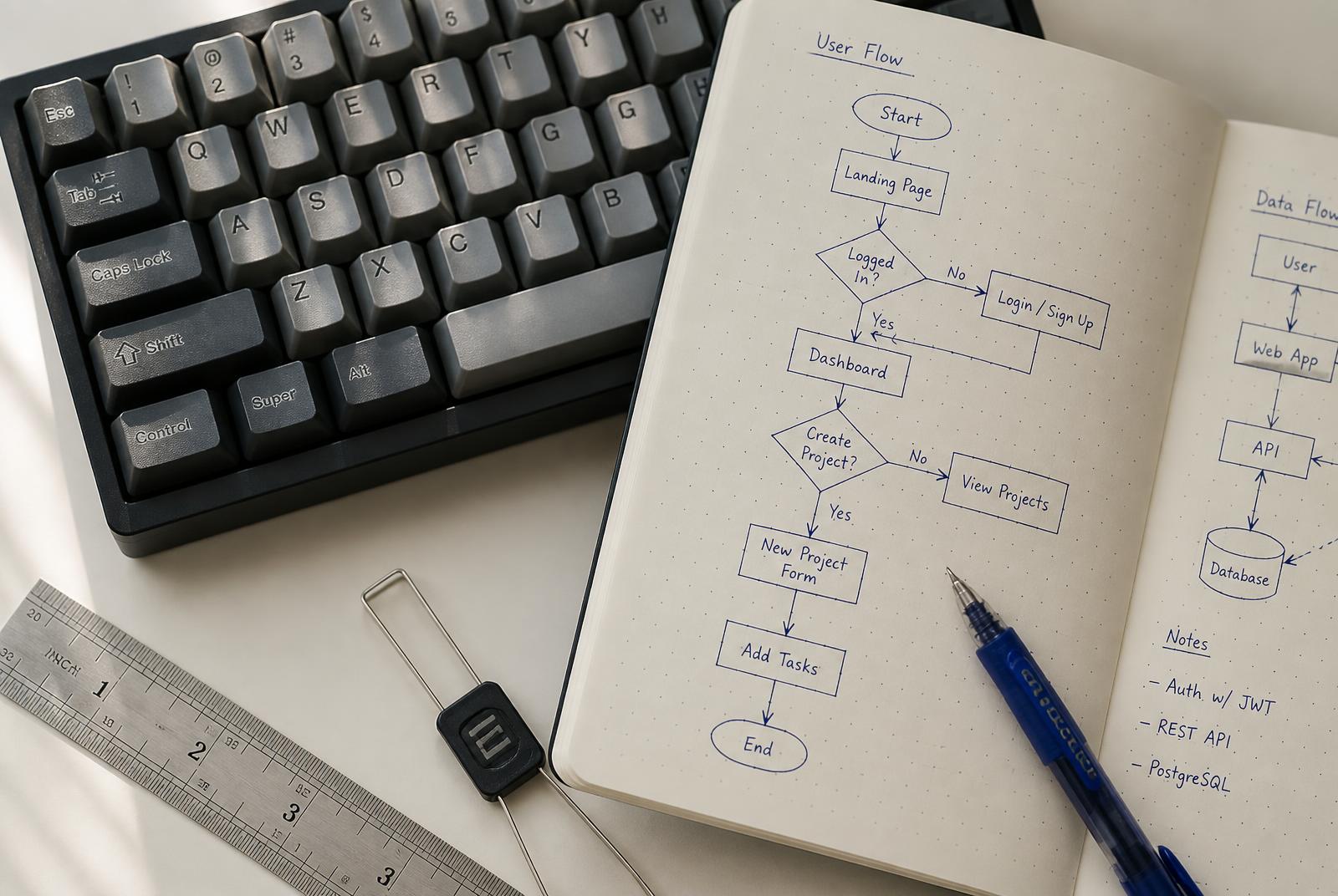 A notebook with hand-drawn user flow diagrams beside a mechanical keyboard on a pale desk